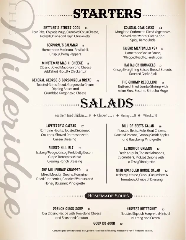 Milleridge Menu