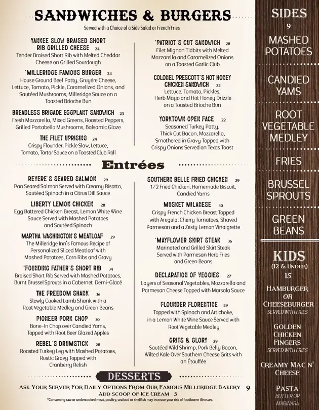 Milleridge Menu